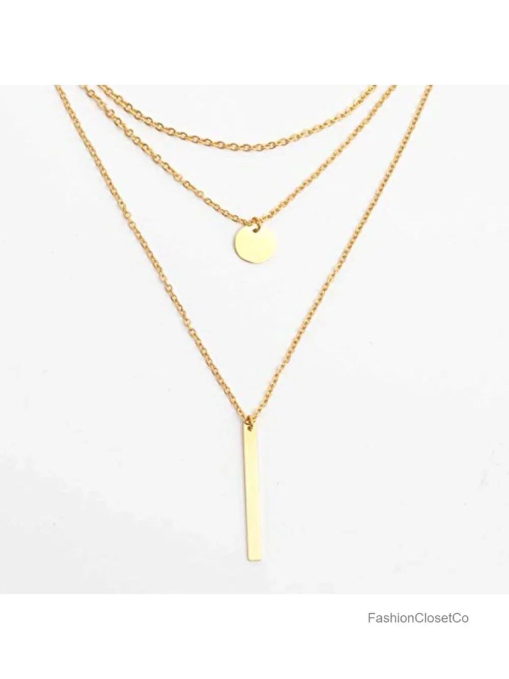14K Gold Plated Layered Necklace Stainless Steel Chain Bar Disc Charm Choker